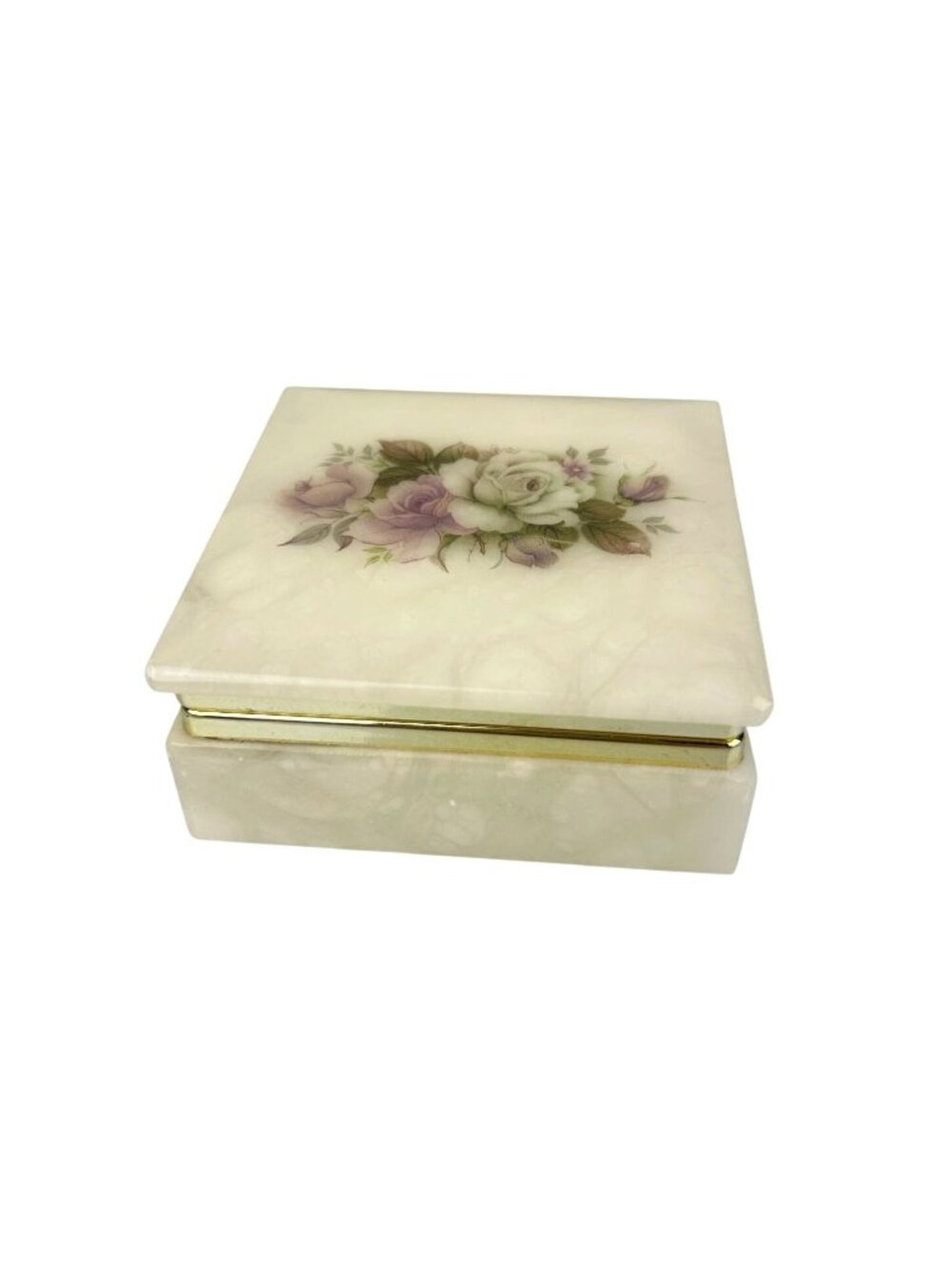 Alabaster Italy Floral Rose Trinket Box Veritable Albatre Stone Flaw READ